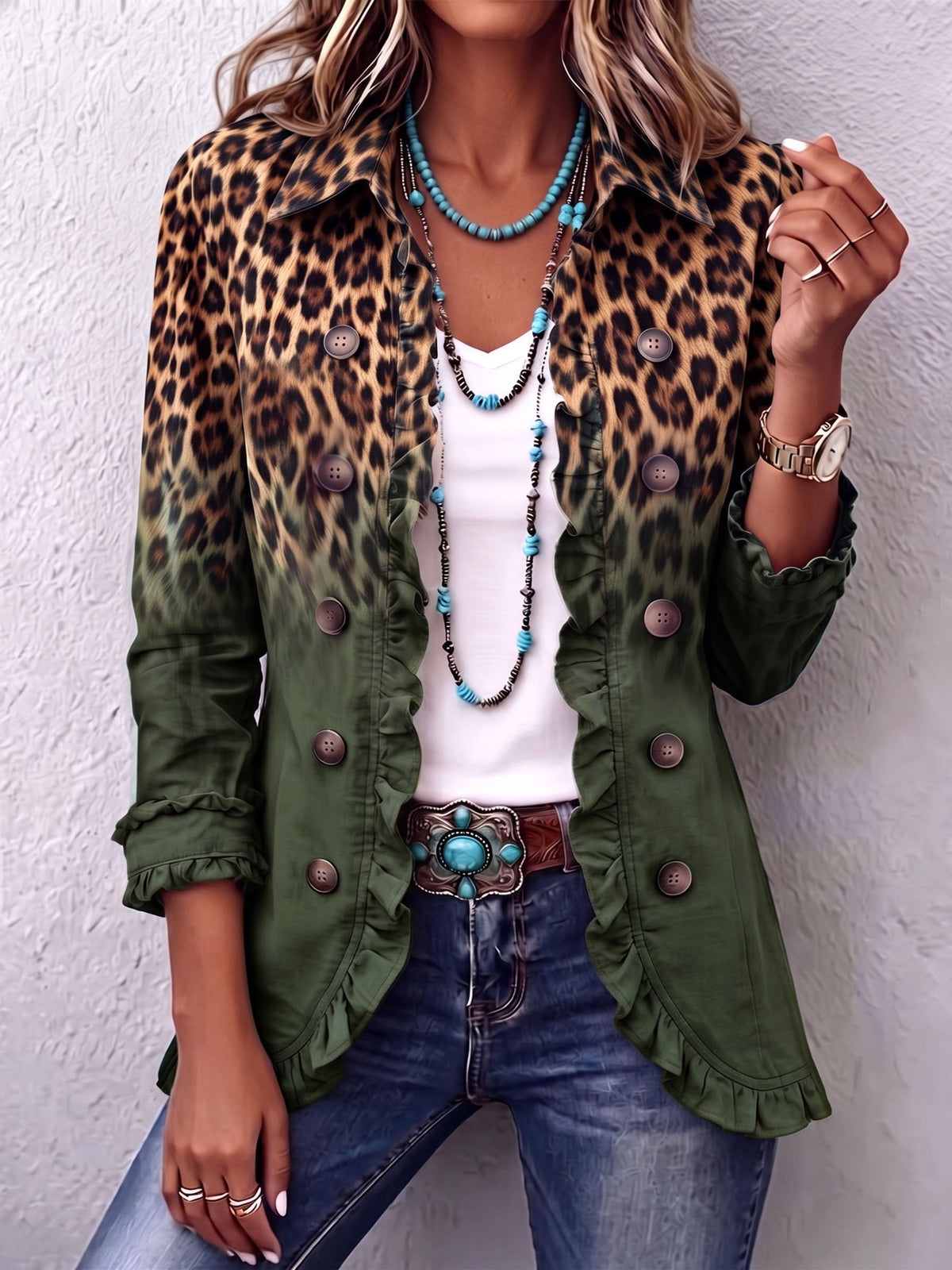 Bice | Ombre Leopard Print Blazer in Turquoise