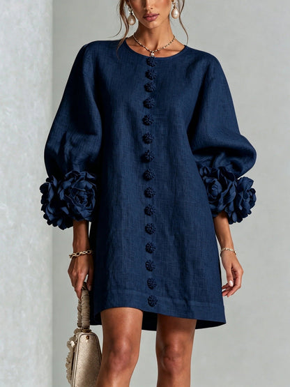 Floral Dress with Puff Sleeves and Round Neck