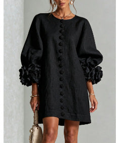 Floral Dress with Puff Sleeves and Round Neck