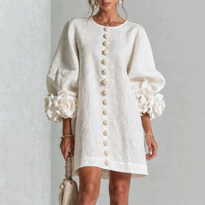 Floral Dress with Puff Sleeves and Round Neck